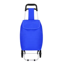 A blue shopping trolley with a sturdy handle and wheels, featuring a large, foldable bag section.