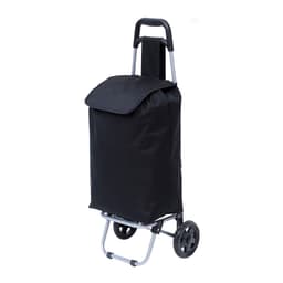 A black shopping trolley with a foldable fabric bag, mounted on a silver frame with two wheels.