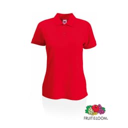 A red polo shirt with a collar and short sleeves, featuring a logo at the bottom.