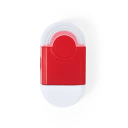 A red eraser with a clear top, featuring a rounded shape and a logo on one side.
