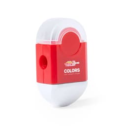 A red and white double hole eraser sharpener with a rounded design and a logo on the front.