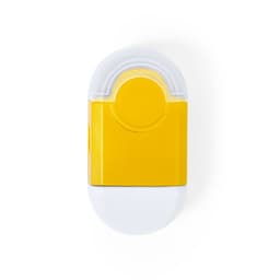 A yellow and white eraser with a rounded design, featuring a logo on one side.