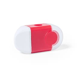 A red and white eraser with a rounded shape, featuring a hole for easy grip.