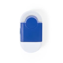 A blue and white eraser in a rounded design with a clear top. Features a branding logo.