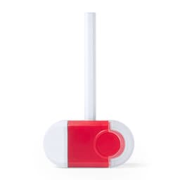 A red and white eraser shaped like a drink bottle, featuring a design element and a logo.