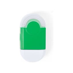 A green eraser with a clear top and rounded design, featuring a branding logo.