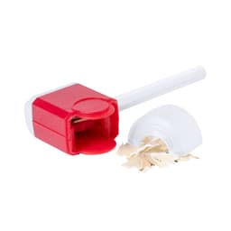 A red and white eraser shaped like a drink bottle, with shavings spilling out from the opened top.
