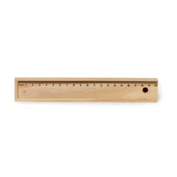 A wooden ruler with a clear measurement scale marked in centimetres, featuring a small hole at one end.