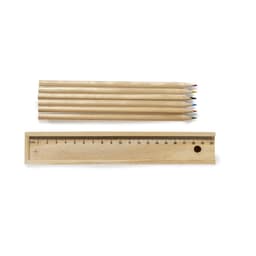 A set of five wooden pencils with colourful tips and a wooden ruler marked with centimetres.