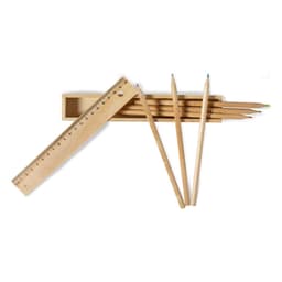 A set of grey-lead pencils and a wooden ruler, displayed alongside a wooden storage box.