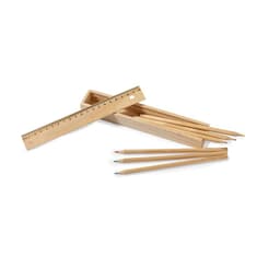 A set of grey-lead pencils in a wooden box, accompanied by a wooden ruler. The pencils have green, red, and blue tips.