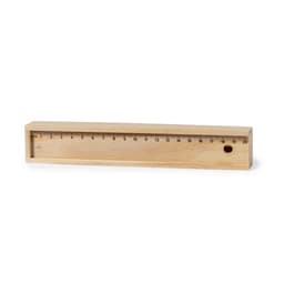 A wooden ruler with centimetre markings, measuring up to 20 cm, featuring a hole at one end.