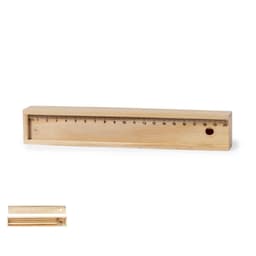 A wooden pencil holder with a ruler marked up to 20 cm. It features a natural finish and holds several pencils.
