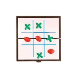 A game board for Tic Tac Toe with red and green markers arranged on a grid, featuring a black frame.
