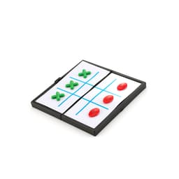 A Tic-Tac-Toe game featuring green crosses and red circles on a black foldable board with blue grid lines.