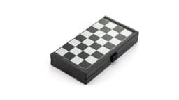 A compact black and white chess set in a foldable case, featuring a checkered board design.