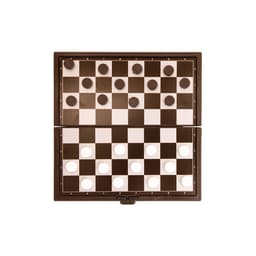 A checkers game set with black and white pieces arranged on an alternating black and white board. It has a compact design with a logo.