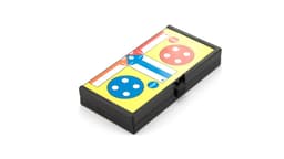 A rectangular game box in yellow, featuring red and blue circles and a sliding mechanism, with a logo on it.