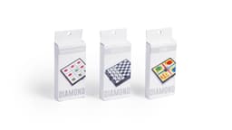 Three game boxes, featuring brightly coloured designs for tic-tac-toe, checkers, and ludo, with a diamond logo on each.