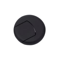 A black, circular device with a sleek design, featuring a subtle groove across its surface.