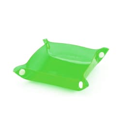 A green Flot Coin Tray with rounded corners and circular holes at the edges, made of translucent material.