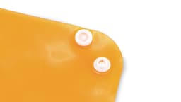 An orange Flot Coin Tray featuring two white buttons for sealing. It has a smooth, glossy finish.