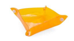 An orange Flot Coin Tray with rounded corners and snap buttons for securing its shape. It features a simple design.