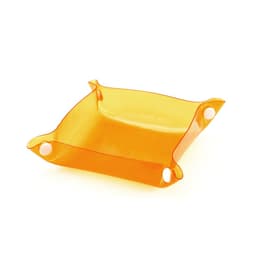 An orange Flot Coin Tray with a flexible design and rounded corners, featuring holes for easy handling.