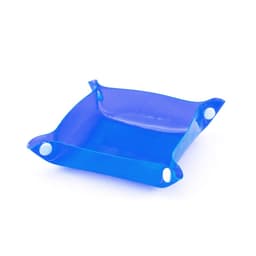 A blue Flot Coin Tray with rounded corners and four button-like fasteners at the edges.