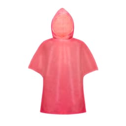 A transparent pink poncho with a hood, featuring a loose-fitting design and an integrated logo.