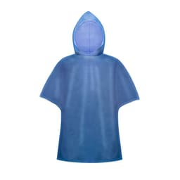 A blue poncho featuring a hood and a simple design, with a logo on the front.
