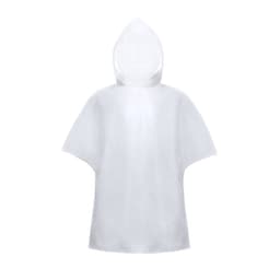 A transparent poncho with a hood, featuring a simple design and short sleeves. It has a logo on the side.