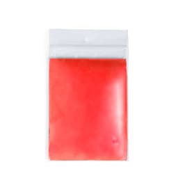 A red poncho packaged in a clear bag, featuring a logo on the front.