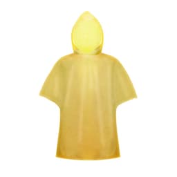 A yellow poncho with a hood, featuring a simple, lightweight design and a logo on it.