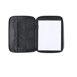 A black index folder featuring a zip pocket and a notepad with lined pages inside.