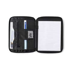 A black index folder with a zip pocket, card slots, and lined notepad, opened to display its interior.