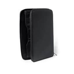 A black index folder with a zip closure and internal pockets for organisation. It features a logo on the exterior.