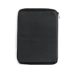 A black zippered index folder with a smooth, textured exterior and a simple design. It features a logo.