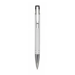 A metal pen in white with a shiny silver clip and tip, featuring a logo on the body.