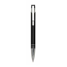 A metal pen in black with silver accents and a sleek design. Features a logo on the body.