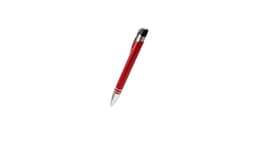 A red metal pen with a silver tip and black accents, featuring a logo on its body.