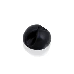 A black cable tidy designed to keep cords organised, featuring a smooth, rounded shape and a logo.