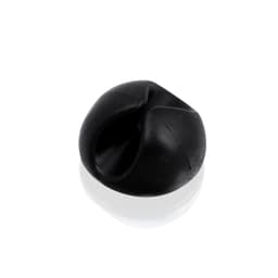 A black cable tidy shaped like a folded sphere, designed to organize and manage cables.