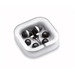 A pair of black and white earphones in a clear protective case, with additional earbud tips included.
