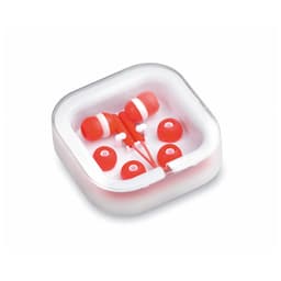Red Cort Earphones with multiple earbud sizes in a clear, square case. The product has a logo on the case.