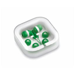 Green Cort Earphones displayed in a clear case, with additional earbud tips in matching colours.