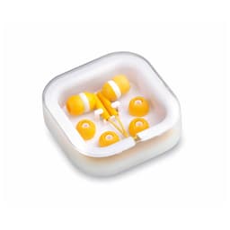 Yellow Cort Earphones with multiple earbud sizes, housed in a clear, square protective case.