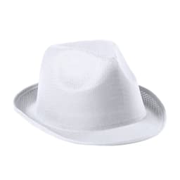 A white brimmed hat with a textured finish and a subtle sunken crown, featuring a logo on the side.