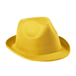A yellow bucket hat with a textured design and a branded logo.