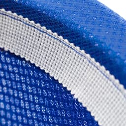 A close-up of a blue bucket hat featuring a white trim, with visible textured fabric and stitching.
